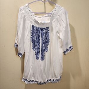 Blue Island White Blouse with Blue Embroidery Off Shoulder Blouse XL